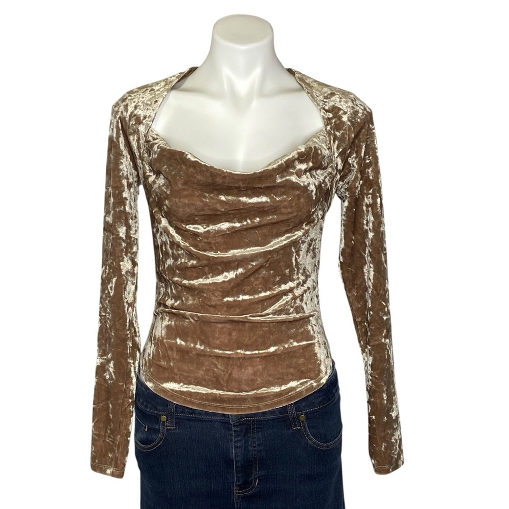FREE PEOPLE Velvet Top Perfect Date Long Sleeve Cowl Neck Taupe Stone Size XS